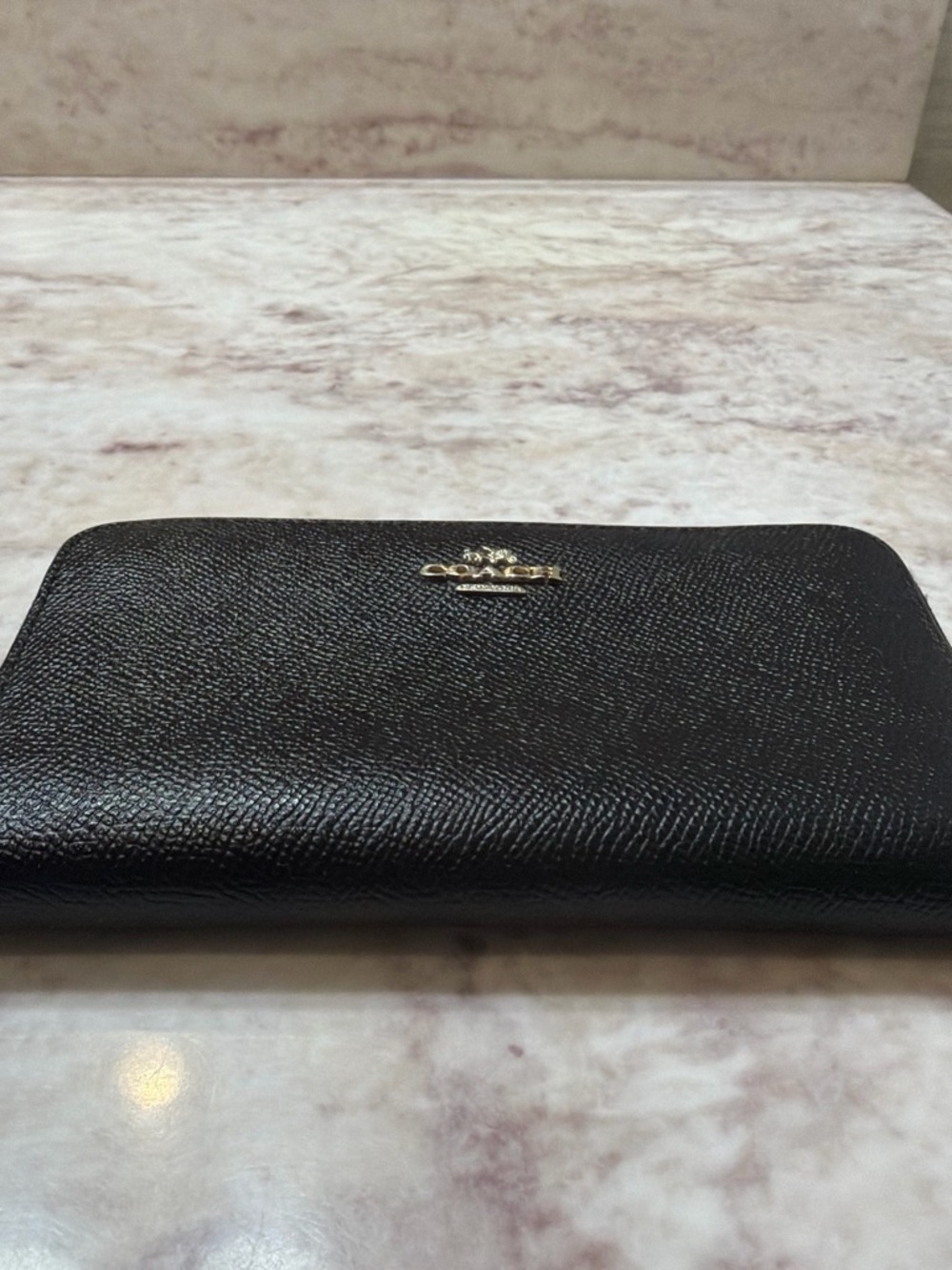 Coach Black Pebbled Leather Zip Card Holder with Gold Logo